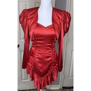 Vtg 80s Natorious 2 Pc Bright Red Homecoming Valentine Satin Short Dress